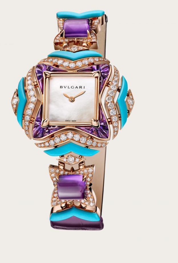 ساعة بولغاري من جلد التمساح الأزرق والذهب الوردي والماس