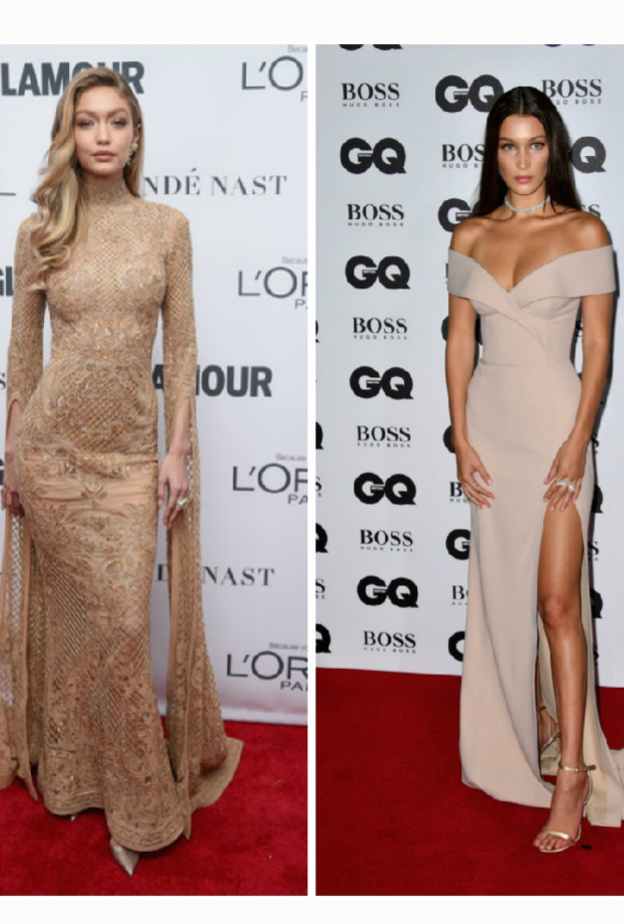 جيجي حديد وبيلا حديد بفساتين السهرة الحمراء