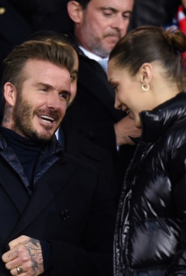 ديفيد بيكهام يشاهد مباراة ريال مدريد وباريس جان جيرمان بصحبة بيلا حديد