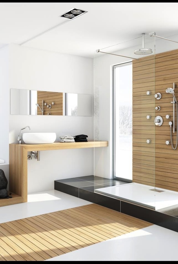 حمام مودرن يتميز بفخامة الخشب وتصميمه العصري