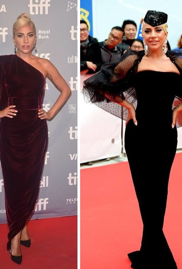 ليدي غاغا Lady Gaga بفستان أحمر مخملي وضيق