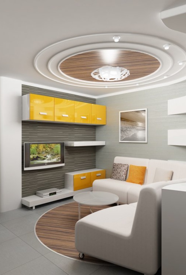  جبس بورد السقف يقسم غرفة المعيشة ويوزع الإنارة فيها