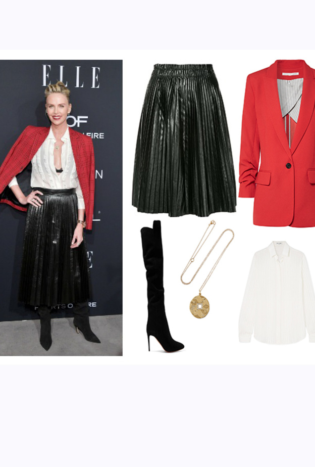  اطلالة عصرية في التنورة الجلد السوداء بأسلوب تشارليز ثيرون