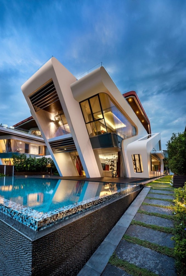 خطوط هندسية أنيقة وواضحة في تصميم واجهة الفيللا