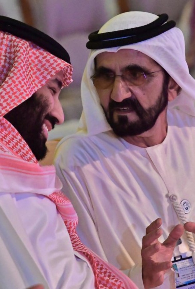 الأمير محمد بن سلمان بن عبدالعزيز مع الشيخ محمد بن راشد في بمادة مستقبل الاستثمار