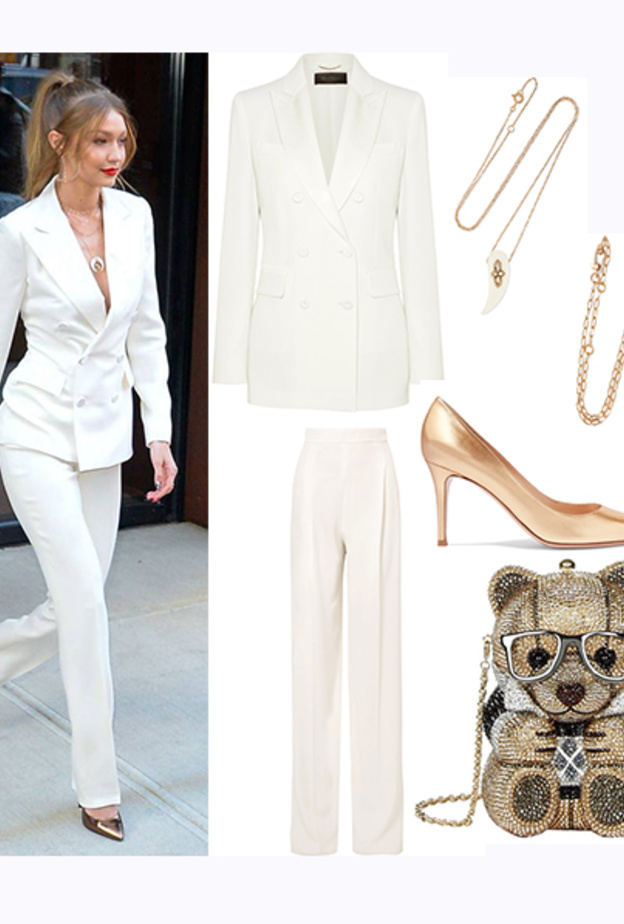 تألقي بالبدلة البيضاء بأناقة جيجي حديد الجذابة