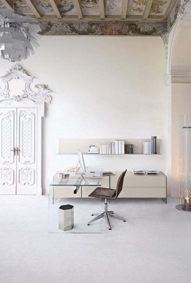 جمال الأثاث الخشبي مع الجدار الحجري في ديكور غرفة المكتب العصري