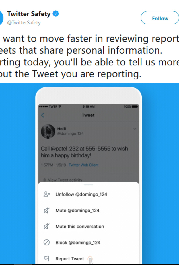 تويتر تتيح إمكانية الإبلاغ عن التغريدات التي تحتوي على معلومات شخصية