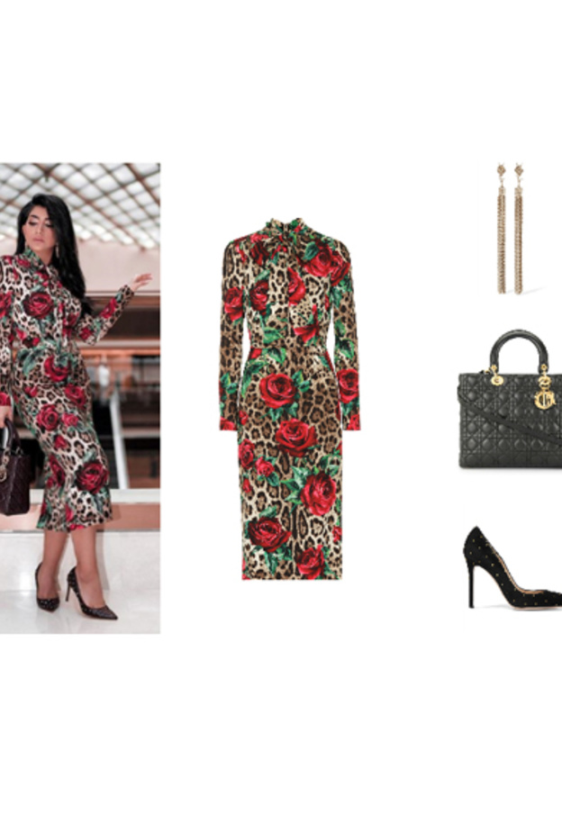 اطلالة محتشمة أنيقة اعتمدتها بثينة الرئيسي في فستان ميدي معرق