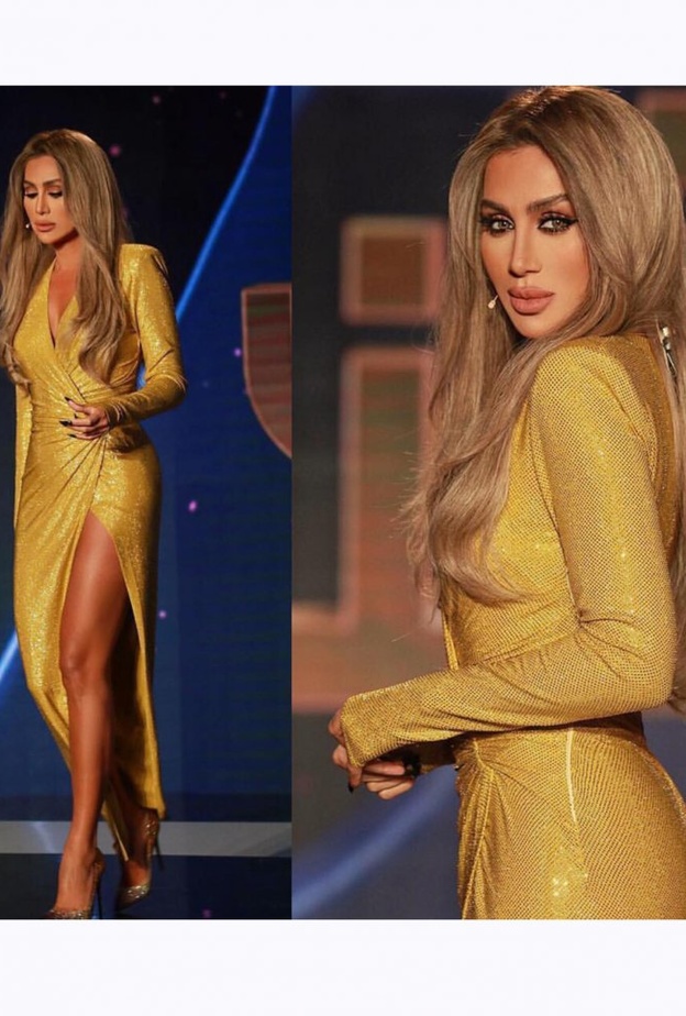 مايا دياب بفستان سهرة براق وذهبي بتوقيع دار ألكسندر فوتييه ‏Alexandre Vauthier