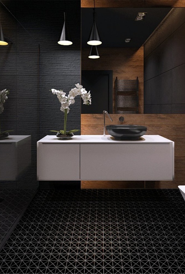 الرخام باللون الأسود في ديكورات الحمامات فخامة وأناقة