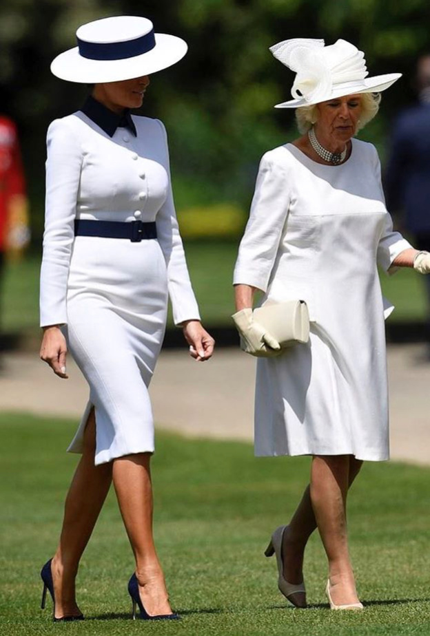 أناقة الأبيض تجمع كاميلا زوجة الأمير تشارلز وميلانيا زوجة الرئيس ترامب خلال زيارتهما الرسمية إلى بريطانيا اليوم