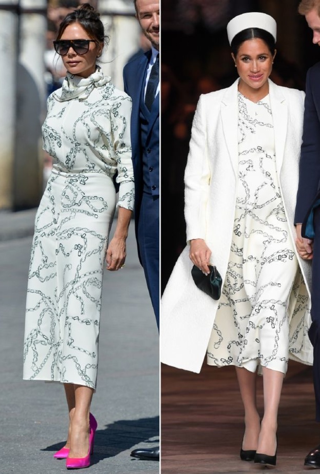 فيكتوريا بيكهام بفستان أبيض مزخرف برفقة زوجها