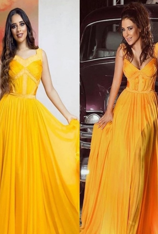 بلقيس بالفستان المرجاني من توقيع أنطوان قارح مع القماش الحريري