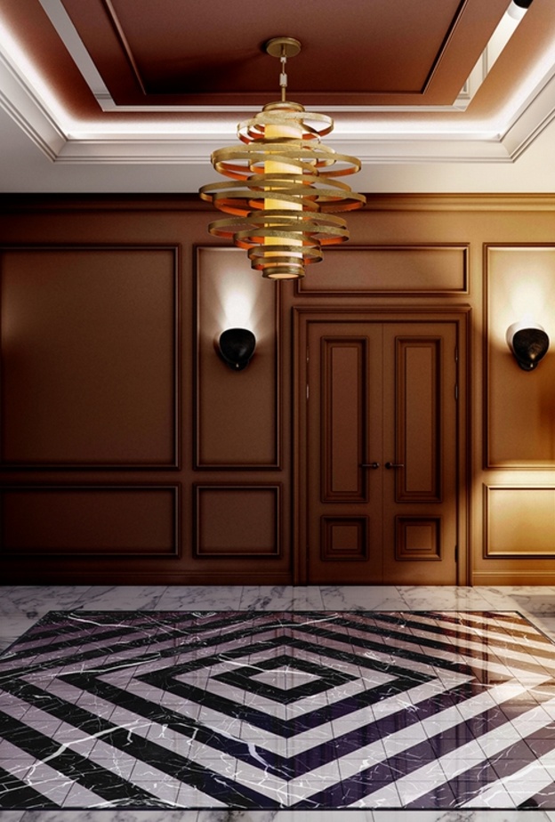  أرضية من الرخام الفاخر مع ديكوراتحوائط خشبية لديكور مدخل شقة فخمة