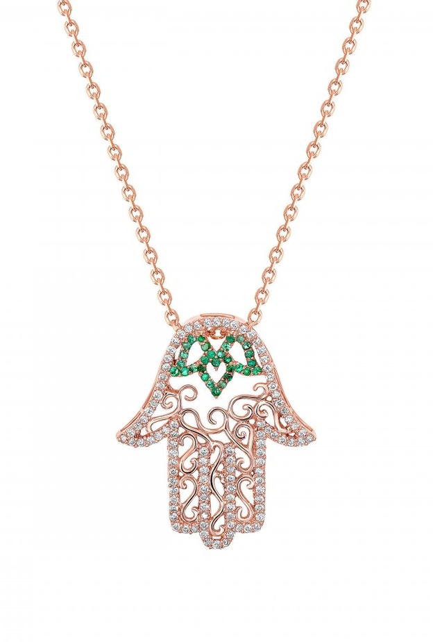 اقراط ذهب على شكل يد فاطمة مزينة بالياقوت من Sydney Evan