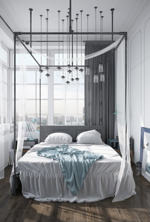 أرض رمادية تعكس جمال اللون الأبيض في ديكور غرفة النوم