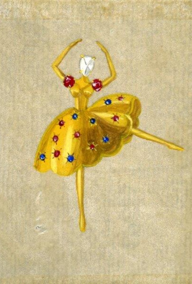 مشبك باليرينا 1943 ذهب أصفر وياقوت وسافير وماس