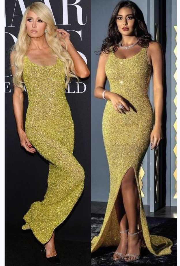 بين ياسمين صبري وباريس هيلتون من بدت أجمل بالفستان الأصفر من تصميم يوسف الجسمي؟