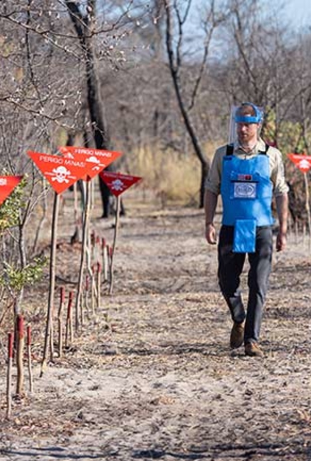 الأمير هاري وهو يتجول في حقل ألغام تم تطهيره جزئيا من الألغام الأرضية