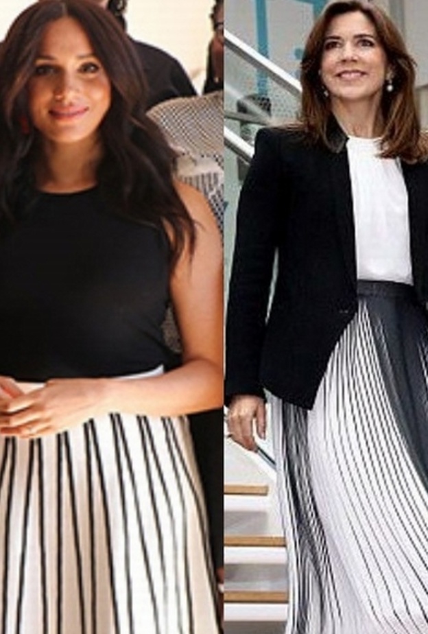 إختارت ميغان تنورة بيضاء واسعة بخطوط سوداء رفيعة من مجموعة J.Crew