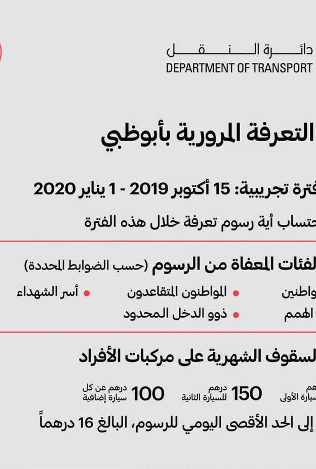 تطبيق فترة تجريبية على نظام التعرفة المرورية بأبوظبي حتى 1 يناير 2020