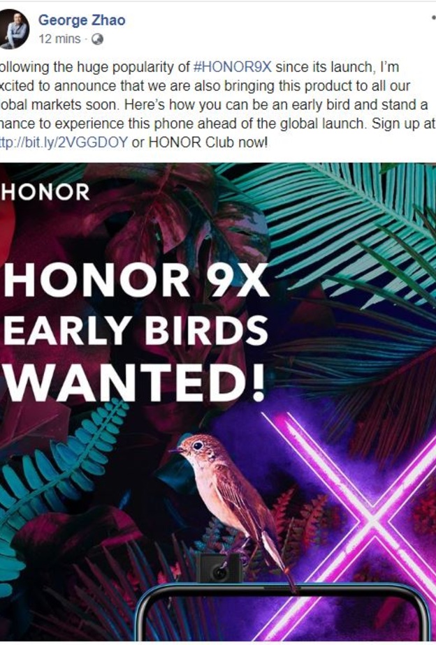 رئيس HONOR يعلن عن توفر HONOR 9X في الأسواق العالمية والشرق الأوسط قريباً 