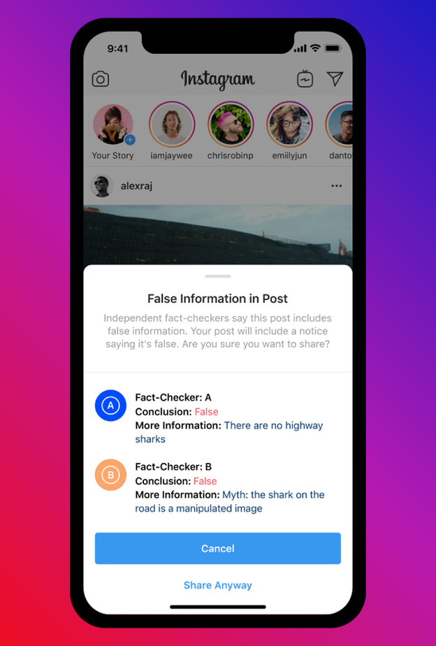 انستقرام يضيف علامة "false information" لمنع ظهور الأخبار المزيفة