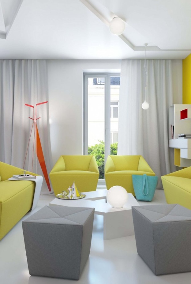 ديكور ات بالرمادي والأصفر لغرفة معيشة مودرن