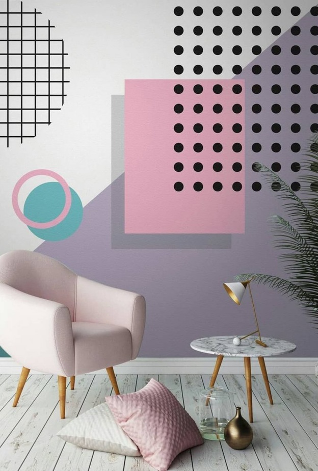 ورق جدران عصري يجمع كرسي ناعم مع طاولةصغيرة واكسسوارات لزوايا منزل عصري 