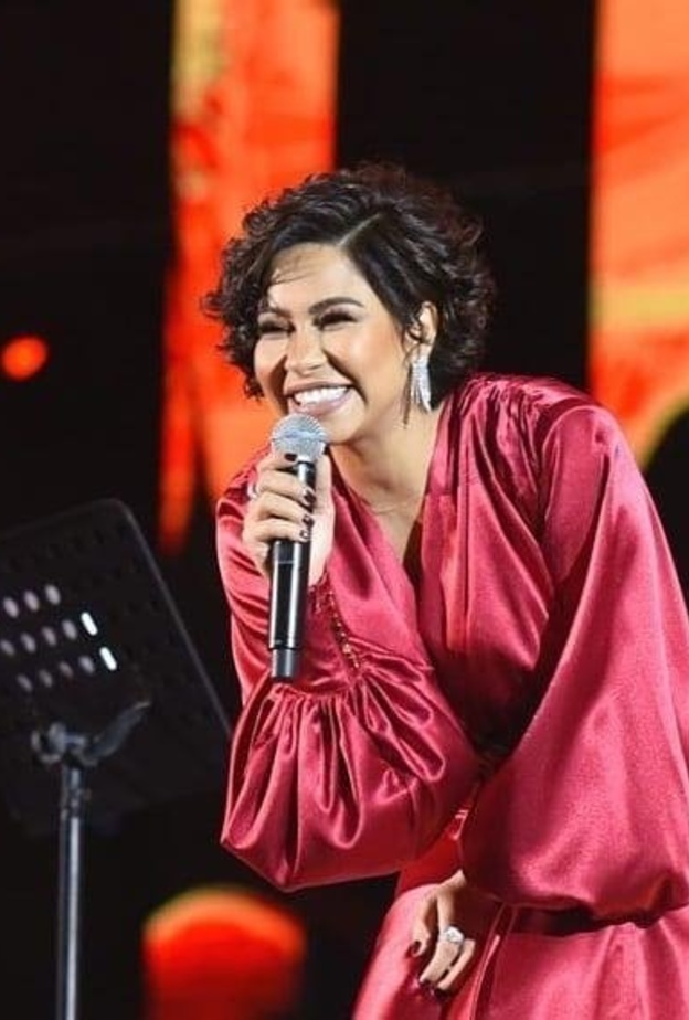 تميّز التصميم بقماش الستان والاكمام الطويلة المنفوخة