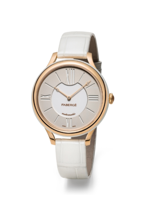 ساعة  Faberge جلد ابيض وذهب وردي