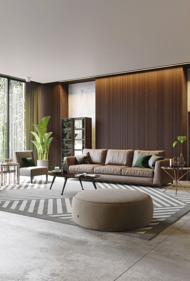 أرضية رخامية تعكس الفخامة على السقف الخشبي البسيط لغرفة المعيشة