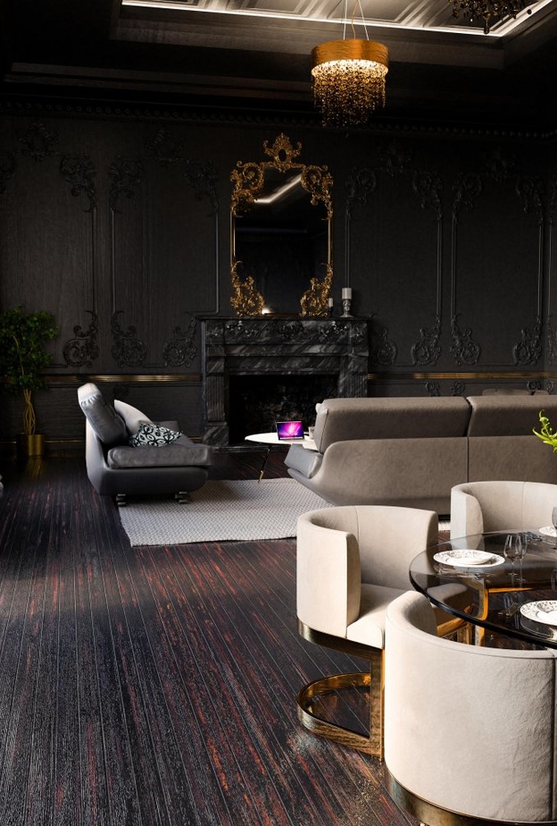 الديكورات بالأسود والذهبي تضيف الفخامة على ديكور المنزل باللون الأبيض البسيط.