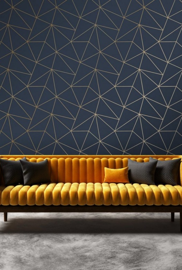 الخطوط الهندسية ترسم نقشة عصرية على جدار غرفة المعيشة المودرن