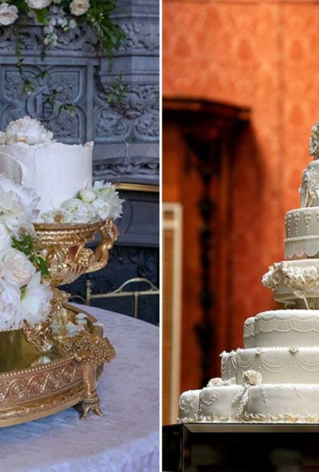 على اليمين كعكة زفاف الأمير ويليام وكيت ميدلتون وعلى اليسار كعكة زفاف الأمير هاري وزوجته ميغان