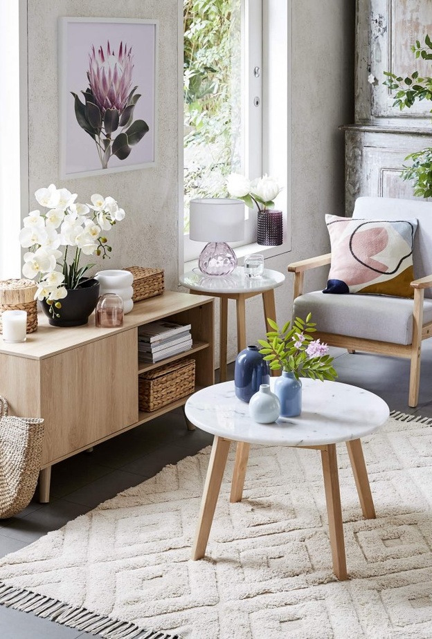 أواني ملونة مع النباتات الطبيعية في ديكور طاولات غرف المعيشة