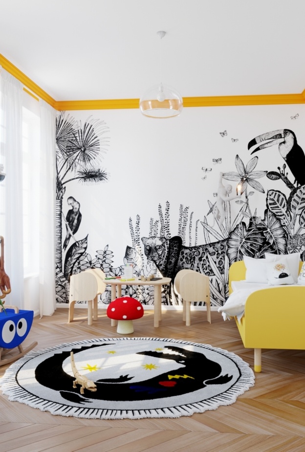 إضافة اللون الأصفر البراق لديكور غرفة أطفال متجددة