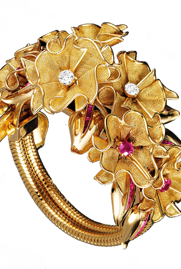 بروش من عام 1939 ، عرض في معرض فان كليف اند اربلز، الوقت، الطبيعة، الحب في ميلانو