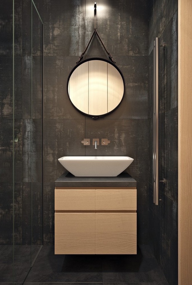 ديكور حمام صغير باللون الأسود الجذاب مع الخشب