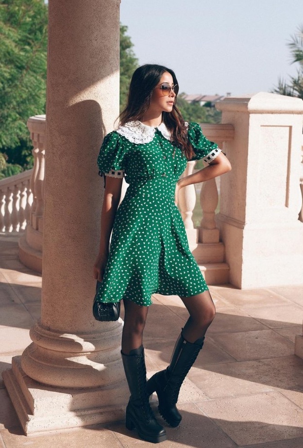  اطلالات اسيل عمران بموضة الفساتين المزخرقة باللون الاخضر