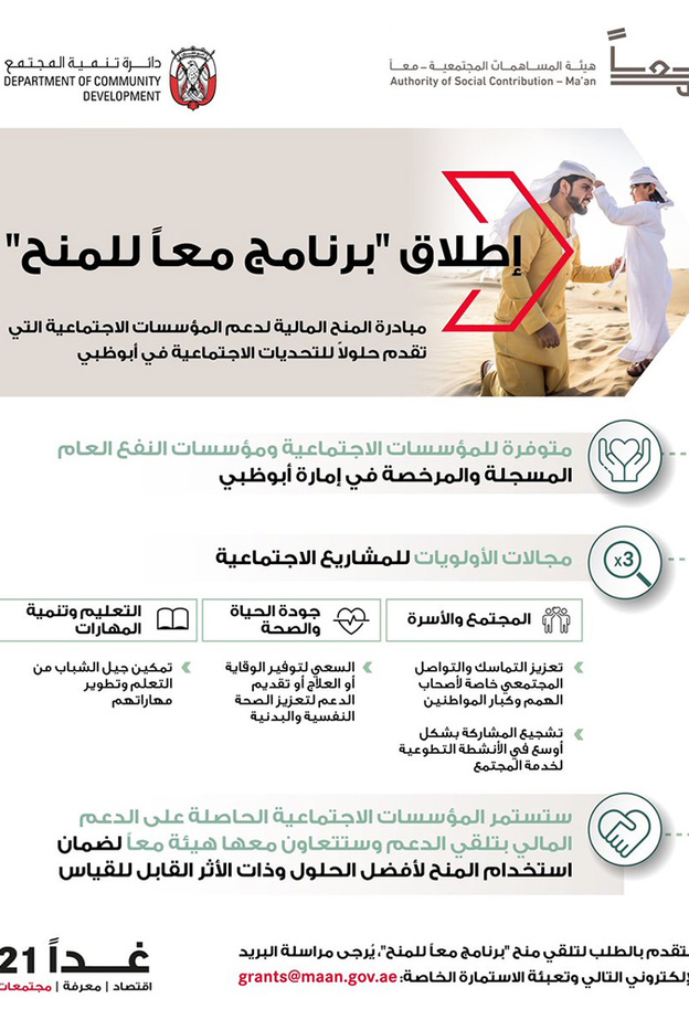اطلاق "برنامج معاً للمنح" لتوفير الدعم المالي اللازم للتنمية والتمكين في الإمارات