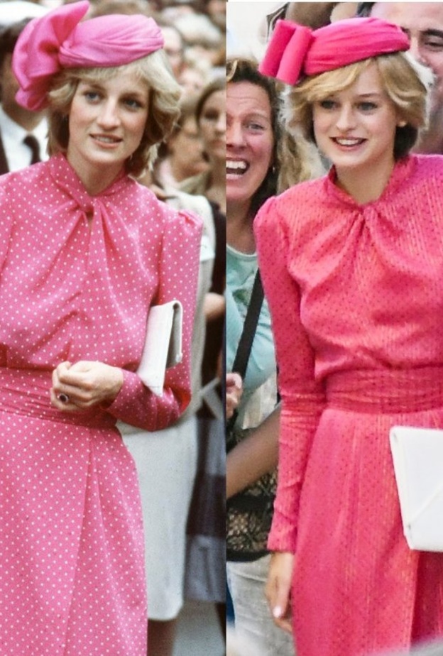  إطلالة ساحرة وخالدة تألقت بها الأميرة ديانا وأعادتها إيما في المسلسل بالفستان الزهري بنقشة البولكا دوت