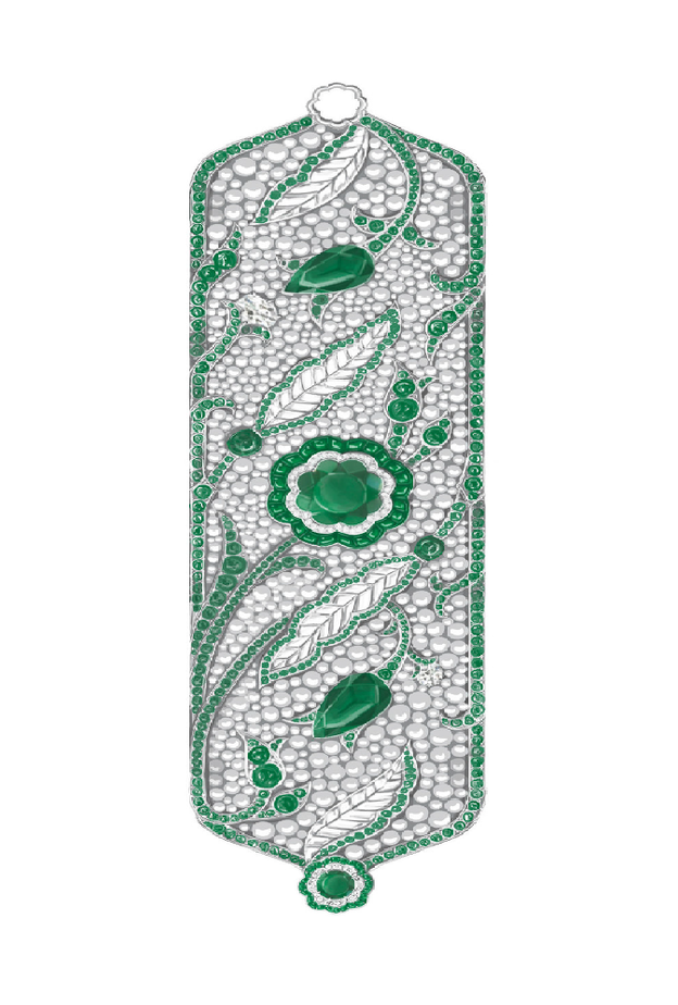 رسم سوار "إزنيق فير" Iznik Vert تتوسطه حجرة زمرد بقطع على شكل الزهرة وبعيار 4.49 قيراط. مرصع بزمردتين بالقطع الإجاصي، الأولى عيار 3.22 قيراط والثانية عيار 3.15 قيراط، وباللؤلؤ والماس.