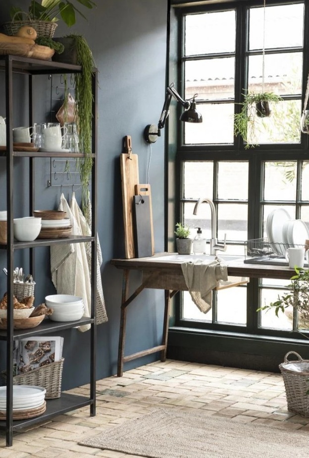 أحواض من النباتات الخضراء تزين المطبخ الريفي