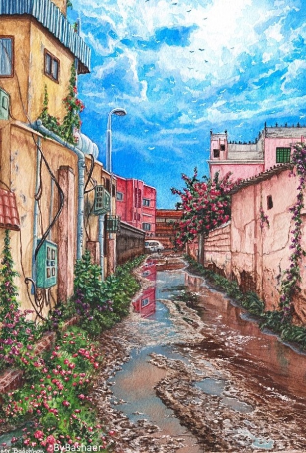  بعد هطول المطر في ابو عريش من لوحات الرسامة بشائر بادخن