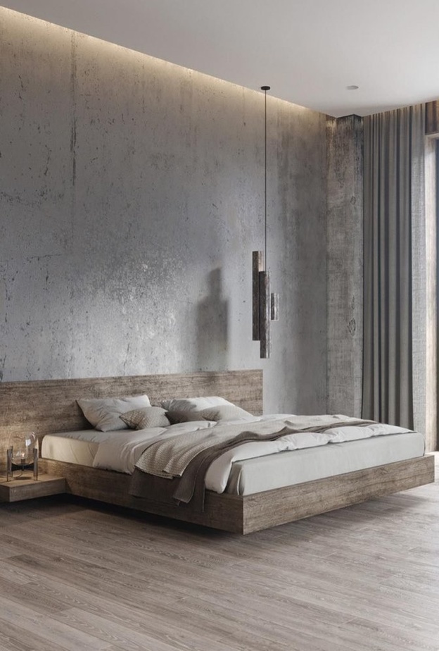  تصميم سرير خشبي ضمن غرفة نوم باللون الرمادي الحيادي