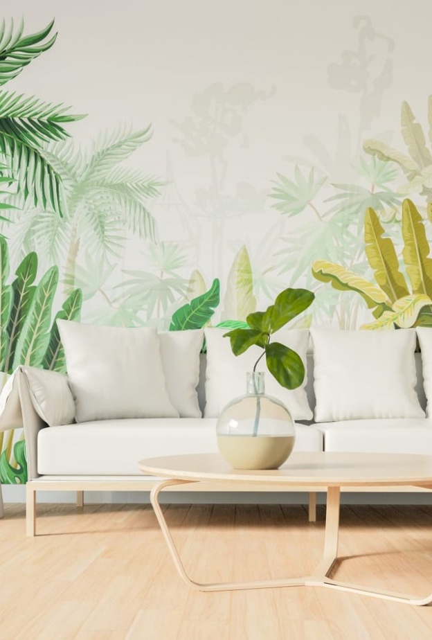 ورق جدران يرسم النباتات الاستوائية تضفي لمسة من البهجة على غرفة المعيشة