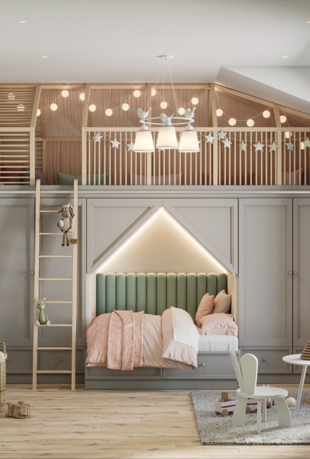 السرير الطابقي جزء من تصميم الخزانة في غرفة أطفال مودرن