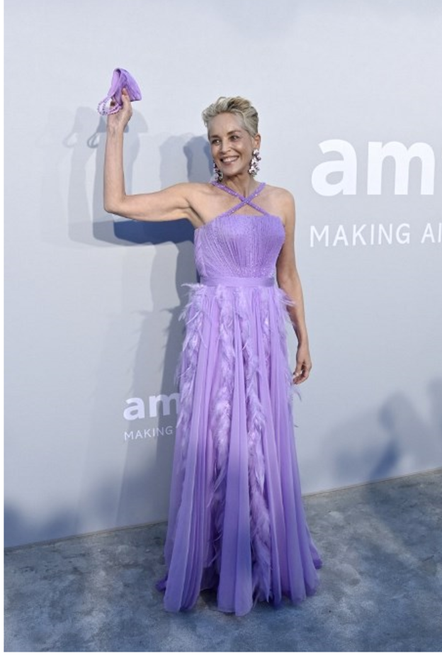 الممثلة شارون ستون خطفت الأنظار بفستان بنفسجي تميّز بالريش والشك الناعم